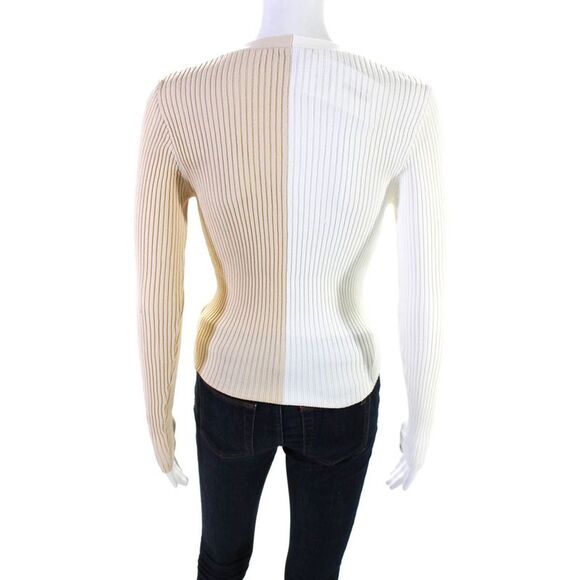 Staud Women's Ribbed Knit Long Sleeve V-Neck Colorblock Top Beige/White Size XS - Picture 3 of 6